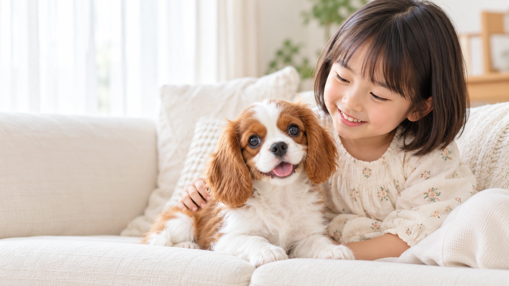 子どもとキャバリアの子犬が寄り添うイメージ（生成画像）