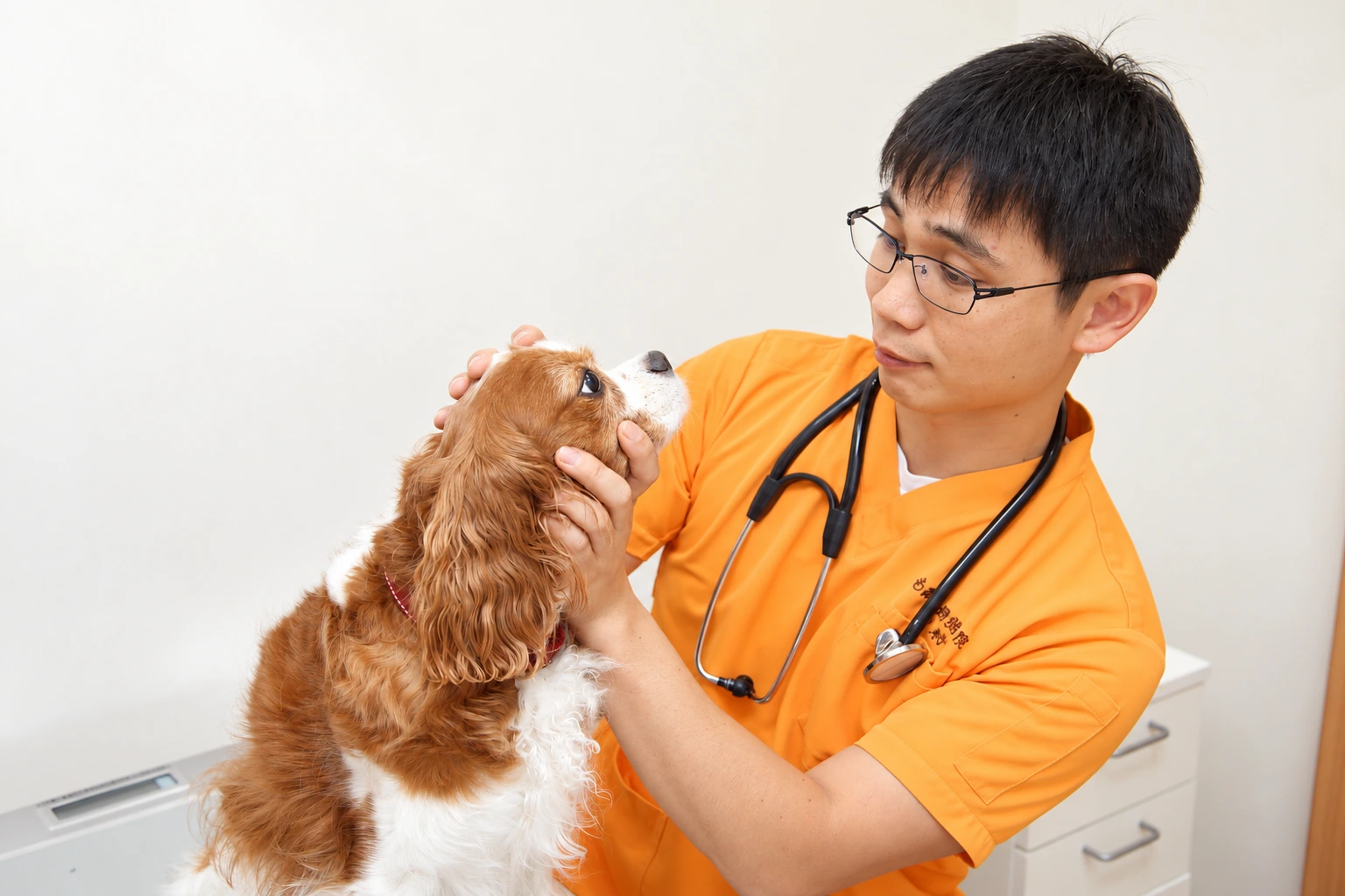 犬にやさしく接しながら診療する院長