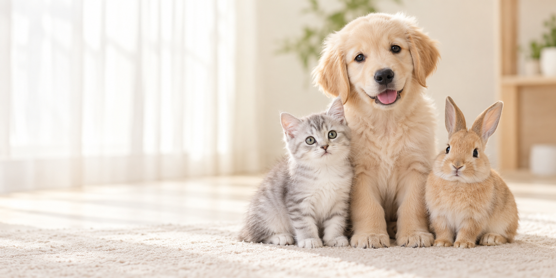 子犬・子猫・うさぎが寄り添うイメージ